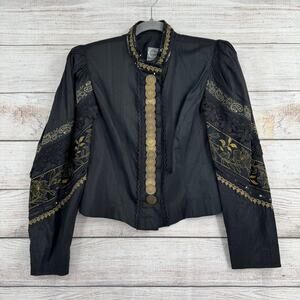 Eger Embroidered Crochet Gold Coin Trim Blouse Womens 40/Medium Black